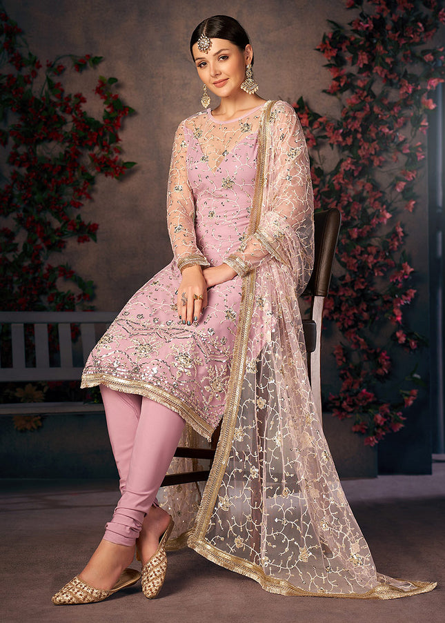 Pink and Gold Embroidered Pant Style Suit