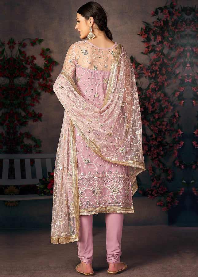 Pink and Gold Embroidered Pant Style Suit