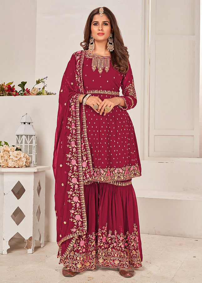 Pink and Gold Embroidered Gharara Suit