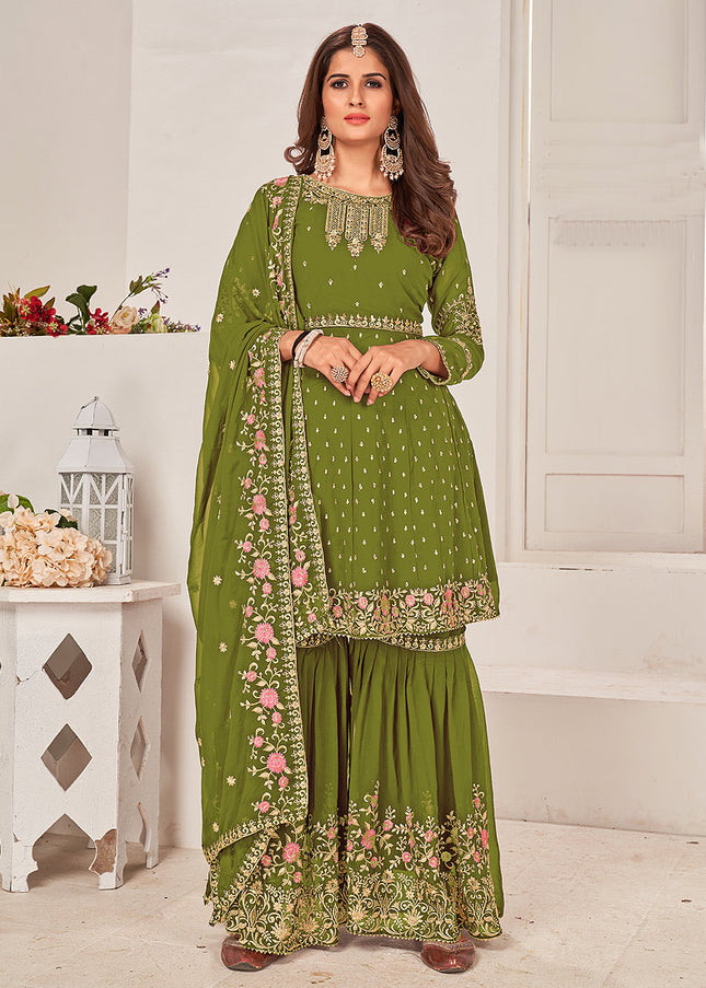 Green and Gold Embroidered Gharara Suit