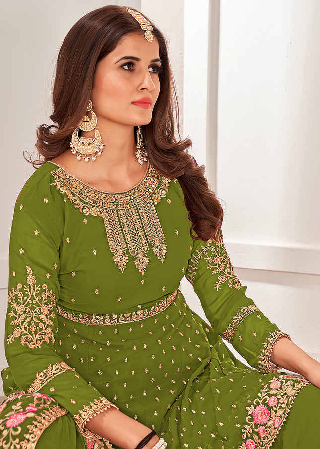 Green and Gold Embroidered Gharara Suit