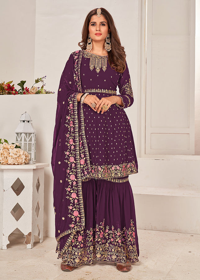 Purple and Gold Embroidered Gharara Suit