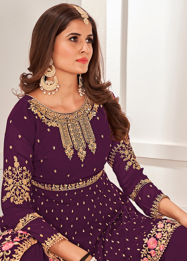 Purple and Gold Embroidered Gharara Suit