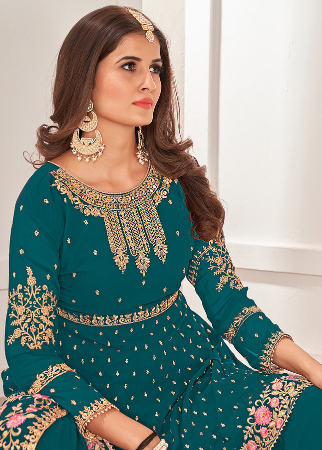 Teal and Gold Embroidered Gharara Suit