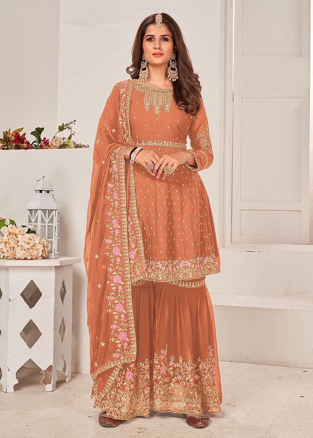 Peach and Gold Embroidered Gharara Suit